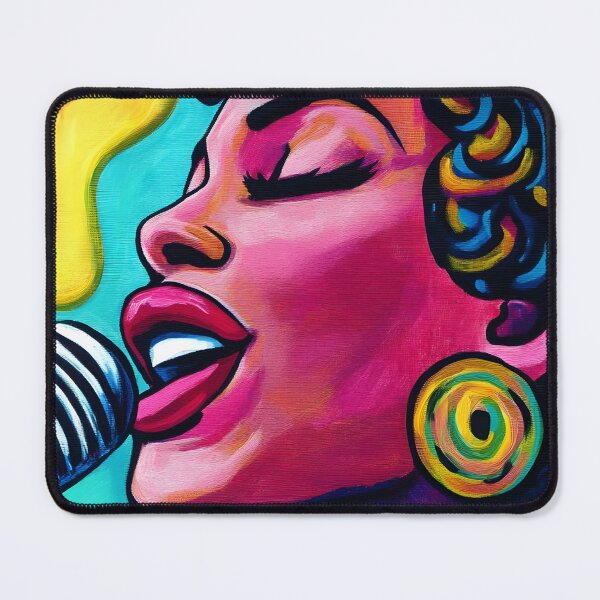 Item preview, Vibrant Female Soprano Art - Colorful Curly Hair and Bold Earrings with Dynamic Abstract Background designed and sold by OlfactoART Studio.