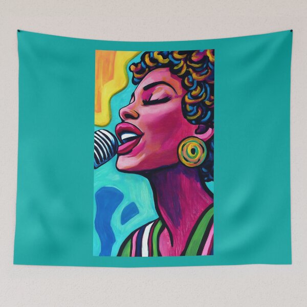 Item preview, Vibrant Female Soprano Art - Colorful Curly Hair and Bold Earrings with Dynamic Abstract Background designed and sold by OlfactoART Studio.