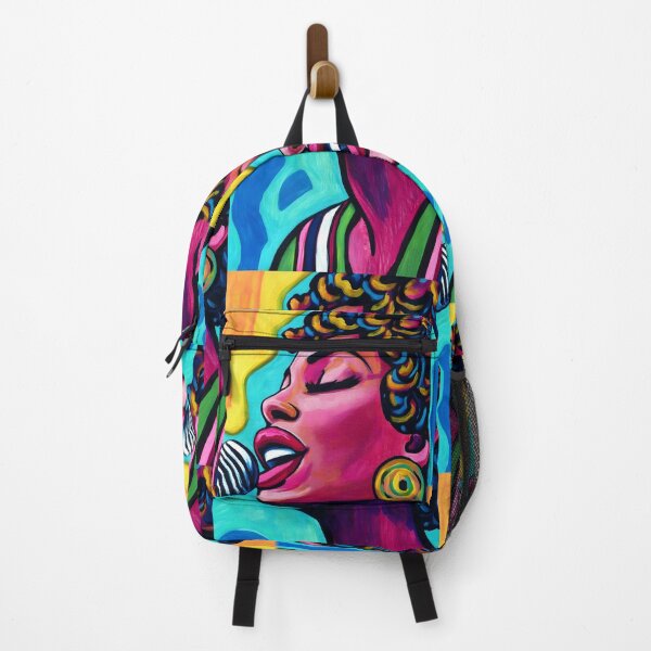 Item preview, Vibrant Female Soprano Art - Colorful Curly Hair and Bold Earrings with Dynamic Abstract Background designed and sold by OlfactoART Studio.