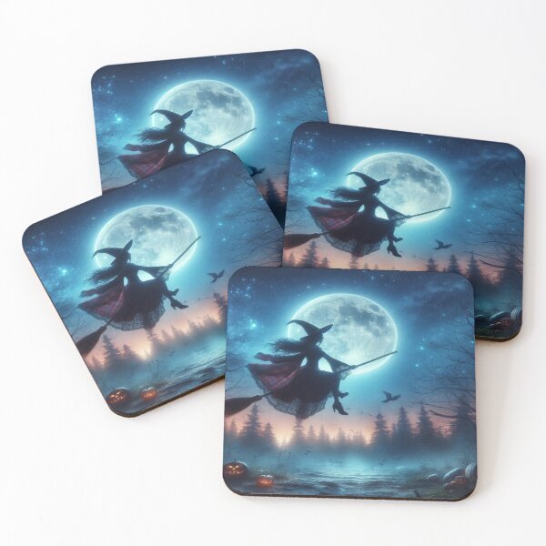 Item preview, A witch flies on her broom through the starry sky in a mystical forest area, with sparkling stars. designed and sold by FotoworldEdel.