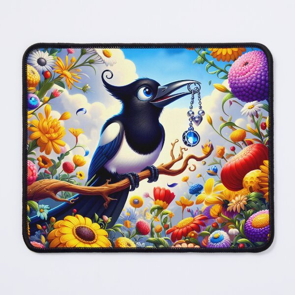 Item preview, Cute magpie has a stolen necklace in its beak in a blooming garden illustration designed and sold by EmeraldeaArt.