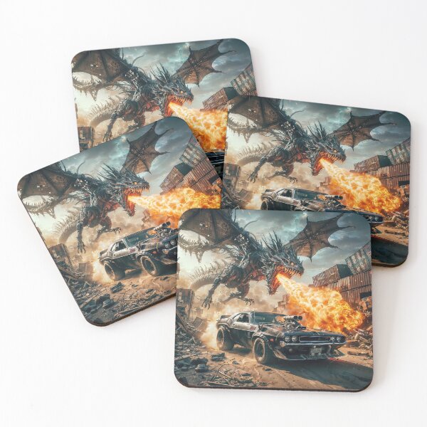 Item preview, Muscle sports car chased by mech dragon dragon art designed and sold by TheArtistOf2022.