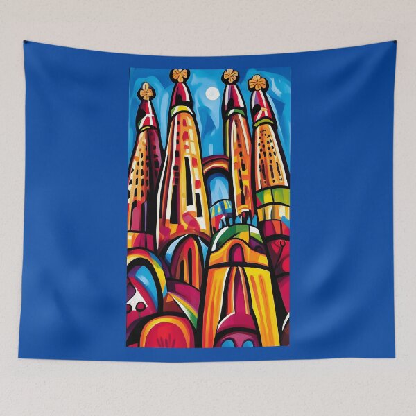Item preview, Barcelona Sagrada Familia Abstract Art - Colorful Towers and Geometric Patterns Against Bright Blue Sky designed and sold by OlfactoART Studio.