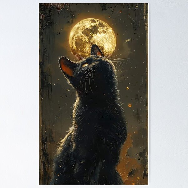 Full moon and black cat Poster