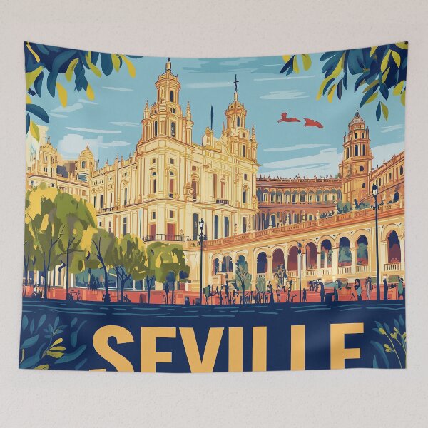 Item preview, Seville Wall Art – Vibrant Spanish Cityscape Print, Colorful Seville Decor, Spain Travel Poster designed and sold by nomiraclehere.