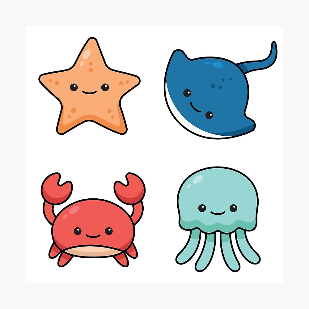 Kawaii Sea Animals Set Poster