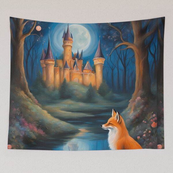 Item preview, Fairytale castle in a night forest nocturnal red fox sitting with pink flowers - oil painting designed and sold by Fantasy Cache.