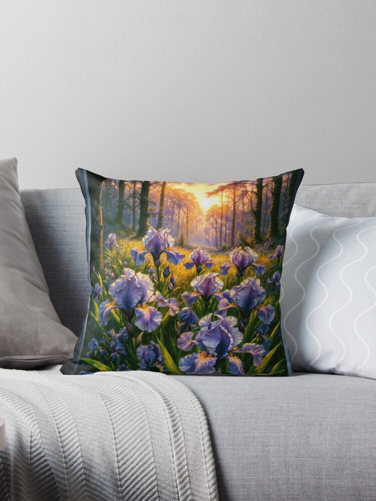 Enchanting Forest Floral Blooms Of Irises At Dawn AI Concept Art by Xzendor7 - A Landscape Of Beauty 4 Enchanting Forest Floral Blooms Of Irises At Dawn Captivating AI Concept Art by Xzendor7 Decorative Art Print Throw Pillow