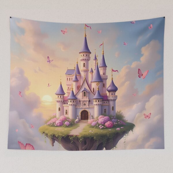 Item preview, Fairytale floating castle pastel colors oil painting  - girly dreamy sky with clouds and butterflies  fairycore  designed and sold by Fantasy Cache.