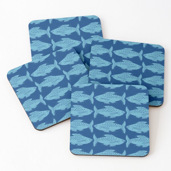 Artikelvorschau, Hellblauer und dunkler Blockdruckstil mit Fischen, Meeresfischen und Küstenfischen entworfen und verkauft von Kimmygowland.