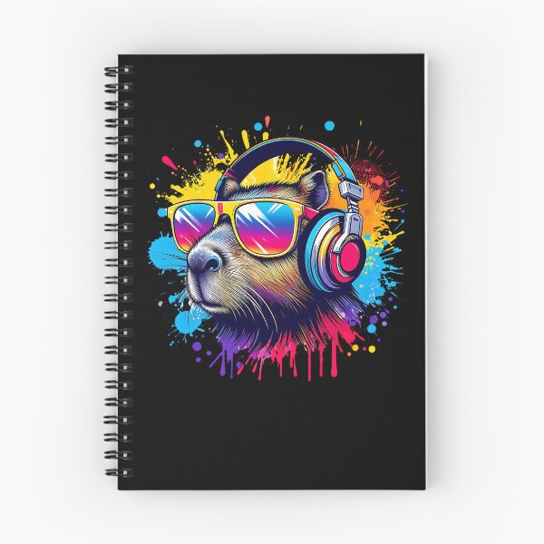 Aperçu de l'œuvre DJ Capybara cool et élégant portant des lunettes de soleil avec des éclaboussures colorées créée et vendue par Smix Pixels.