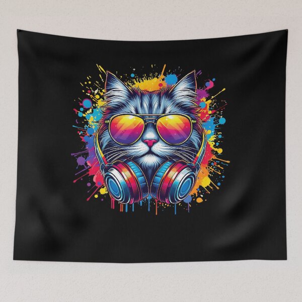 Item preview, Cool And Stylish DJ Cat Wearing Sunglasses With Colorful Splash   designed and sold by Smix Pixels.
