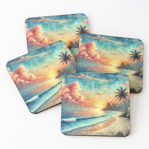 Item preview, Oil Painted Beach Landscape with Sunset and Palm Trees designed and sold by PsycheBrain.