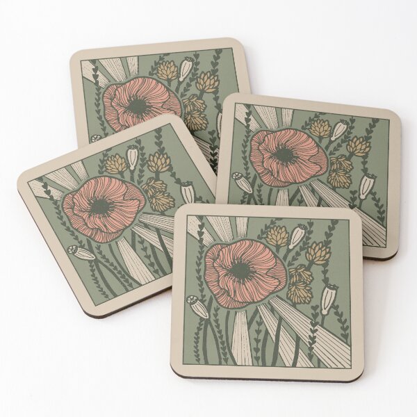Item preview,  Radiant Poppy Pen & Ink Illustration - Dove, Sage, Pine, Coral, Fawn designed and sold by Irene Estelle.