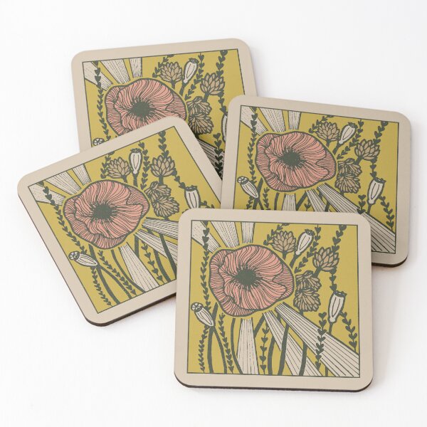 Item preview,  Radiant Poppy Pen & Ink Illustration - Dove, Saffron, Pine, Coral, Fawn designed and sold by Irene Estelle.
