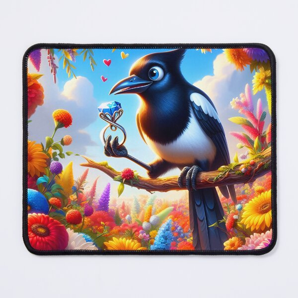 Item preview, Cute magpie has a stolen ring in its beak in a blooming garden illustration designed and sold by EmeraldeaArt.
