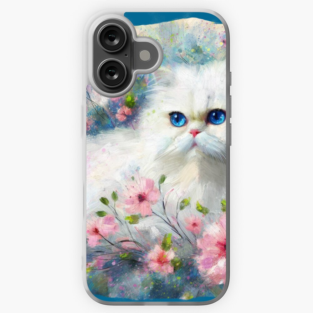 White Persian Kitty Cat Blue Eyes in Pink Flowers Sticker