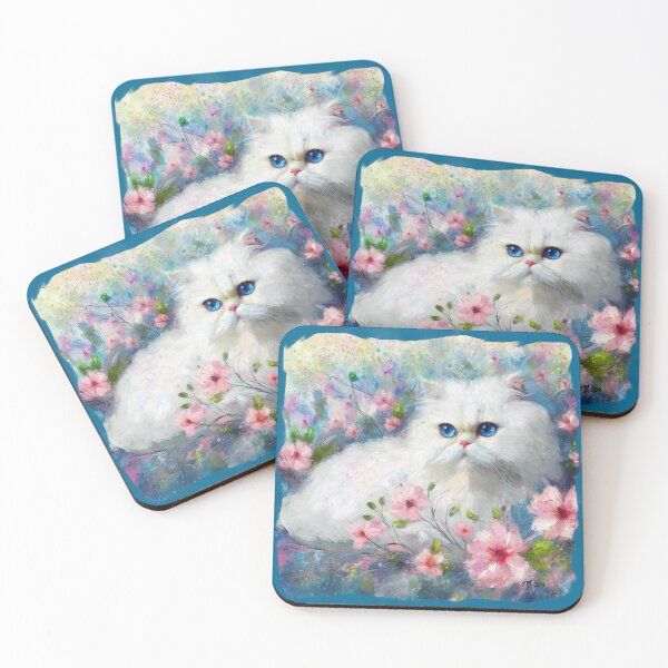 Item preview, White Persian Kitty Cat Blue Eyes in Pink Flowers designed and sold by oceanlady65.