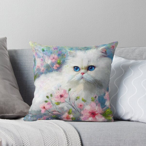 Item preview, White Persian Kitty Cat Blue Eyes in Pink Flowers designed and sold by oceanlady65.