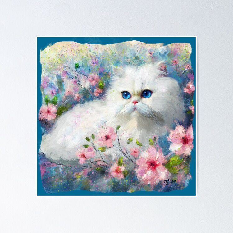 White Persian Kitty Cat Blue Eyes in Pink Flowers Sticker