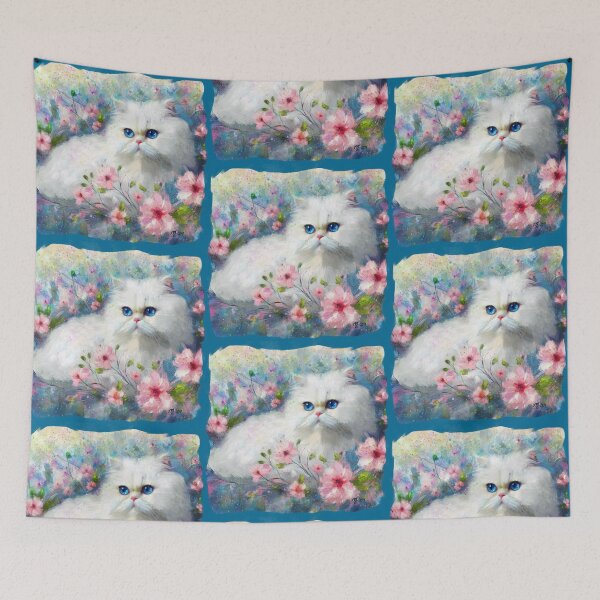 Item preview, White Persian Kitty Cat Blue Eyes in Pink Flowers designed and sold by oceanlady65.