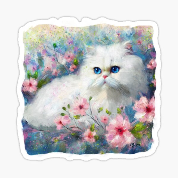 White Persian Kitty Cat Blue Eyes in Pink Flowers Sticker