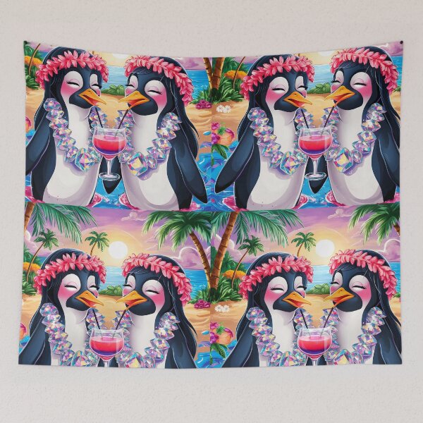 Item preview, Two penguin girls friend are drinking a pink cocktail in Hawaii beach wearing florals and crystal necklace illustration designed and sold by EmeraldeaArt.