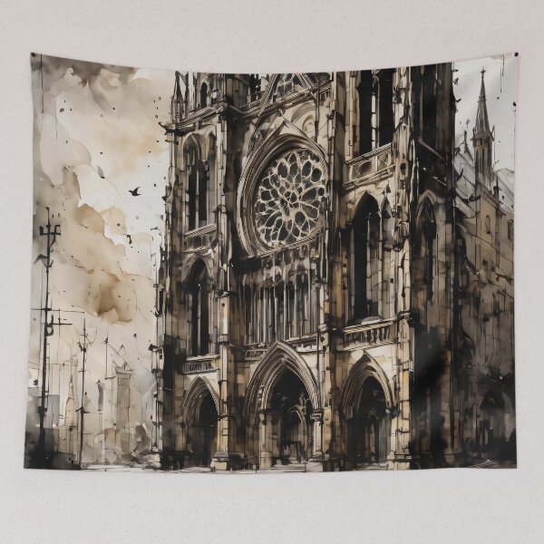 Item preview, Monochrome Gothic Building Ink Illustration designed and sold by ByteyCreatives.