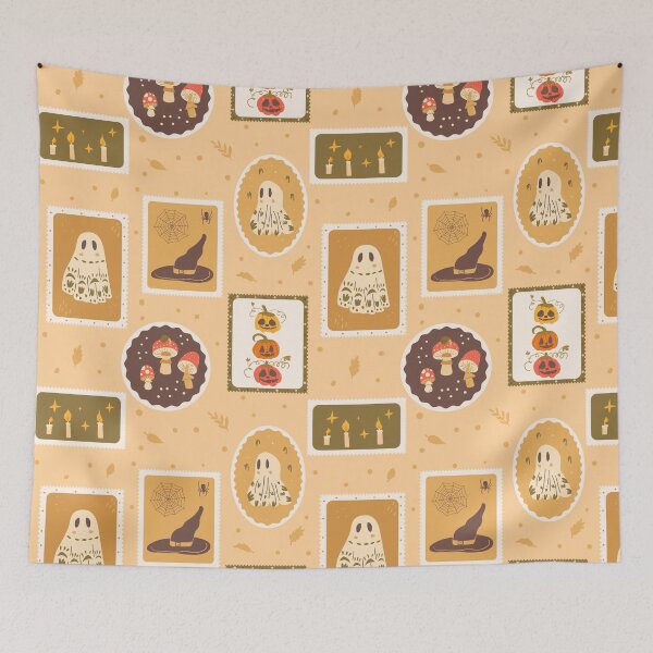Item preview, Halloween fly agaric, pumpkin and ghost with candles retro stamps  designed and sold by Syuzanna.