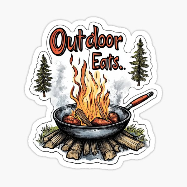 Item preview, Outdoor Eats - Skillet Over Campfire Cooking Hearty Meal with Steam Text designed and sold by ArtisanSamurai.