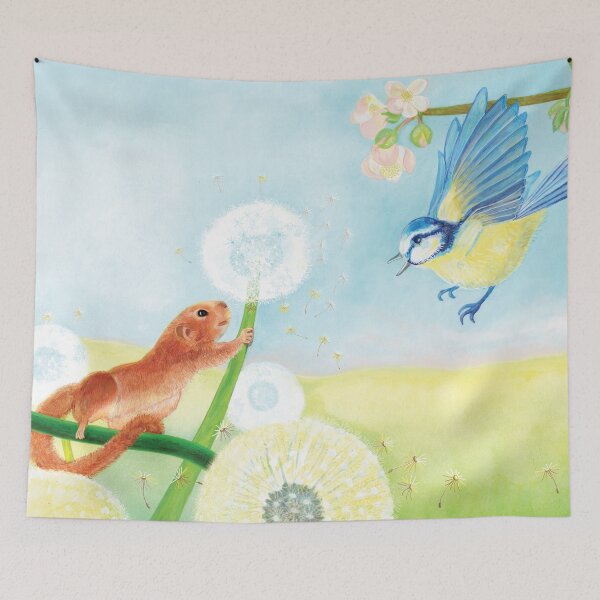 Item preview, Cute Hazel Dormouse on Dandelion Puff Meadow and Blue Tit designed and sold by Julia Doria.