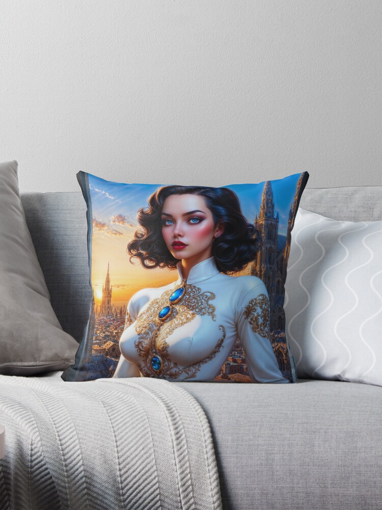The Regal Thycia Assani Against The Backdrop Of The Brassia Metropolis Stunning AI Concept Art by Xzendor7 Decorative Art Print Throw Pillow