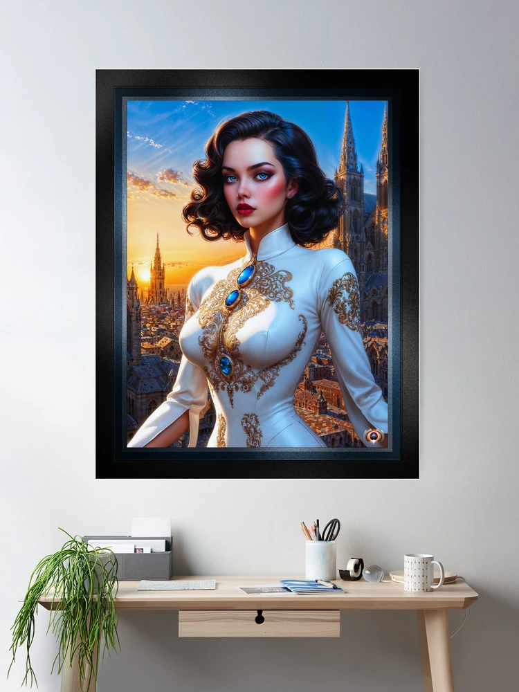 The Regal Thycia Assani Against The Backdrop Of The Brassia Metropolis Stunning AI Concept Art by Xzendor7 Wall Decor Poster Art Print