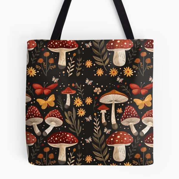 Item preview, Mushrooms, Flowers And Butterflies Pattern Black  designed and sold by ArtCornerStudio.