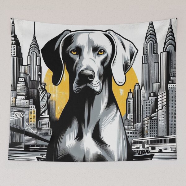 Aperçu de l'œuvre Graffiti artistique d'un Weimaraner énervé en jaune - Design n° 125 créée et vendue par WeimTrails.
