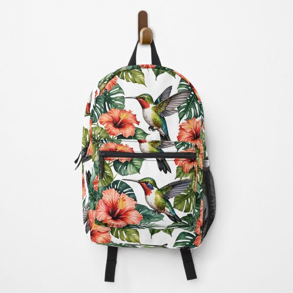 Item preview, Hummingbird illustration tropical jungle circle of leaves exotic print hibiscus flower, watercolor,  designed and sold by cheekylorns.