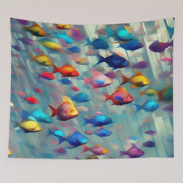 Item preview, Abstract Fish in Underwater Waterfall - Grey Blue Red Yellow Turquoise designed and sold by Beachy.