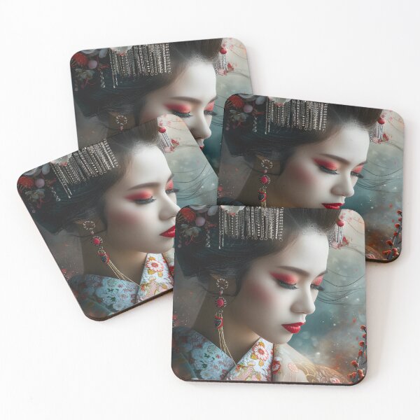 Item preview, Elegant geisha with floral adornments in traditional kimono designed and sold by Artessie.