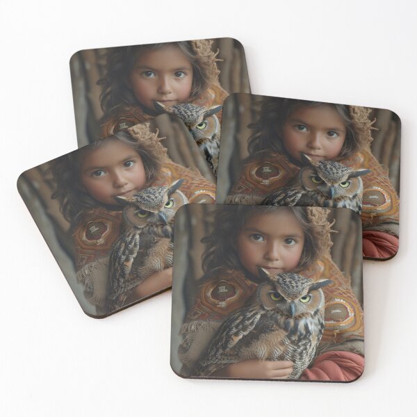 Item preview, Girl holding an owl in rustic attire with deep gaze designed and sold by Artessie.