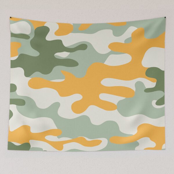Item preview, Abstract camouflage fabric Design with a mix of pastel yellow, soft green, and peach designed and sold by HEMRO.