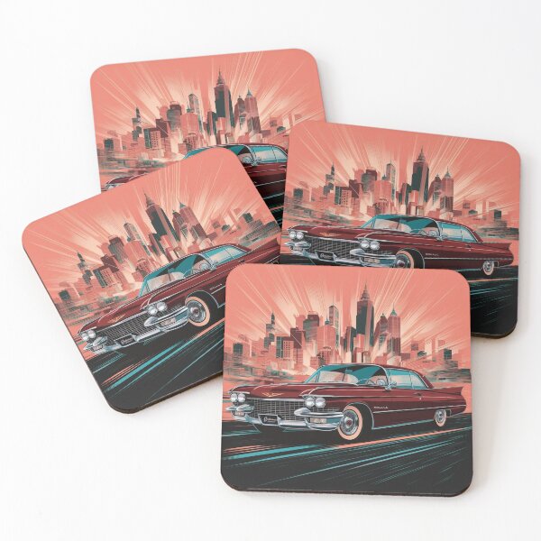 Item preview, A vintage red Cadillac car drives through the city designed and sold by NiRia Spot.