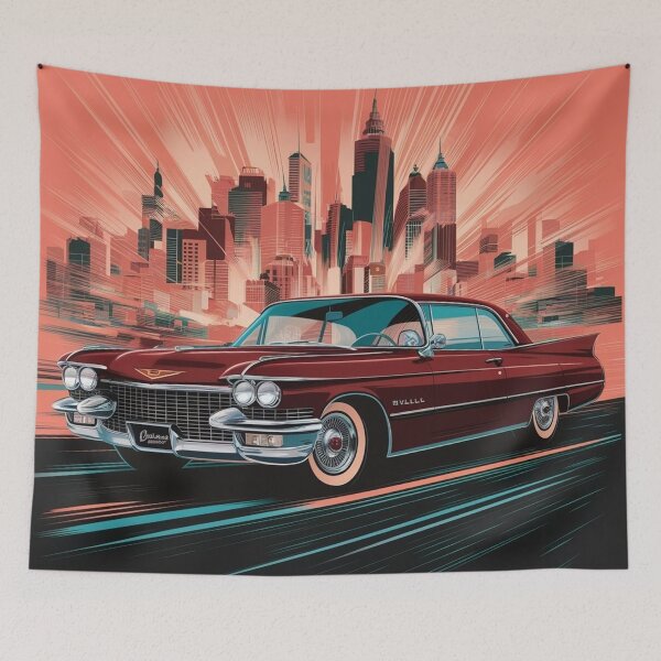 Item preview, A vintage red Cadillac car drives through the city designed and sold by NiRia Spot.