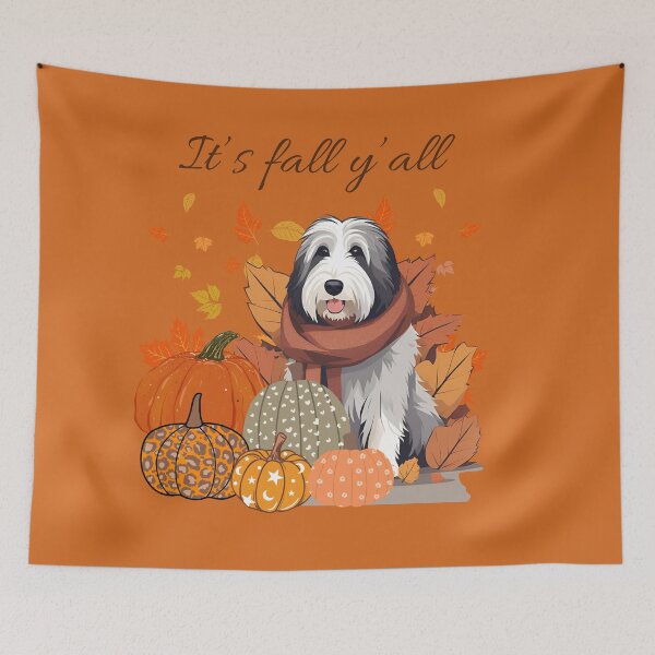Item preview,  'It's Fall Y'all - Cozy Bearded Collie with Pumpkins and Leaves" designed and sold by GoodyPaws.