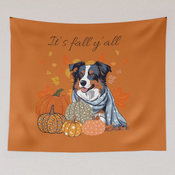 Item preview, Copy of 'It's Fall Y'all - Cozy Australian Shepherd with Pumpkins and Leaves" designed and sold by GoodyPaws.