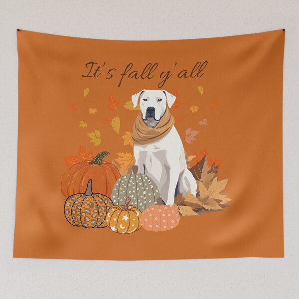 Aperçu de l'œuvre « C'est l'automne, tout le monde - Dogo Argentino douillet avec citrouilles et feuilles » créée et vendue par GoodyPaws.