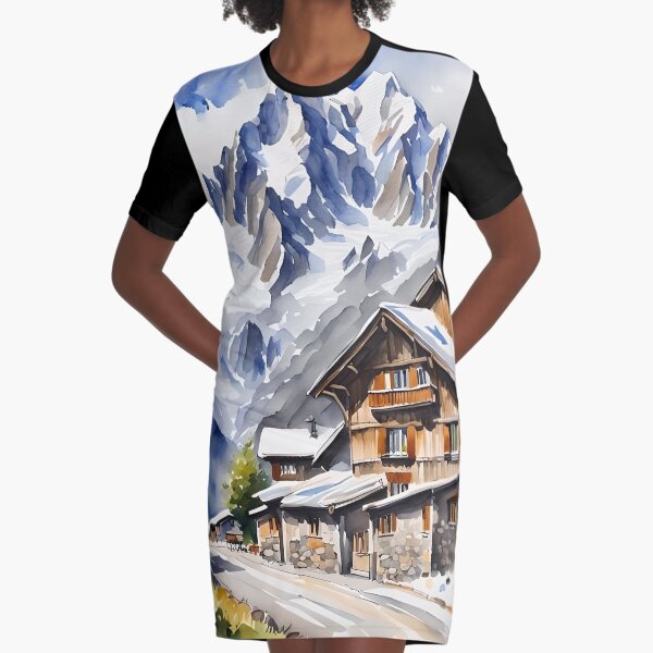 The Alps in France - Watercolour Style Graphic T-Shirt Dress