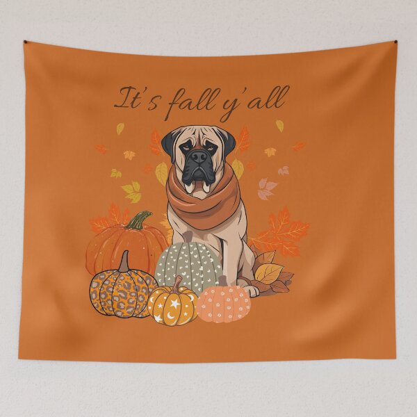 Item preview, 'It's Fall Y'all - Bullmastiff with Pumpkins and Leaves" designed and sold by GoodyPaws.