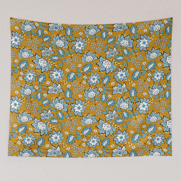 Item preview, Cheerful Folk, Light blue flowers on a yellow background designed and sold by Alex  Blud.