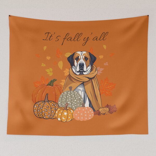 Item preview, 'It's Fall Y'all - Pyrenean Mastiff with Pumpkins and Leaves" designed and sold by GoodyPaws.