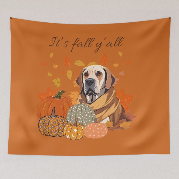 Item preview,  'It's Fall Y'all - Spanish Mastiff with Pumpkins and Leaves" designed and sold by GoodyPaws.